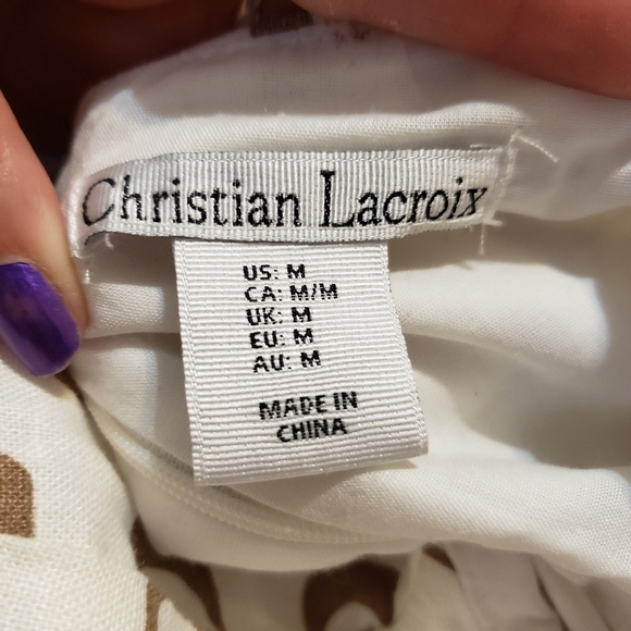 Christian Lacroix White Linen Midi Dress With Brown Waves Print, Size S - Picture 6 of 8